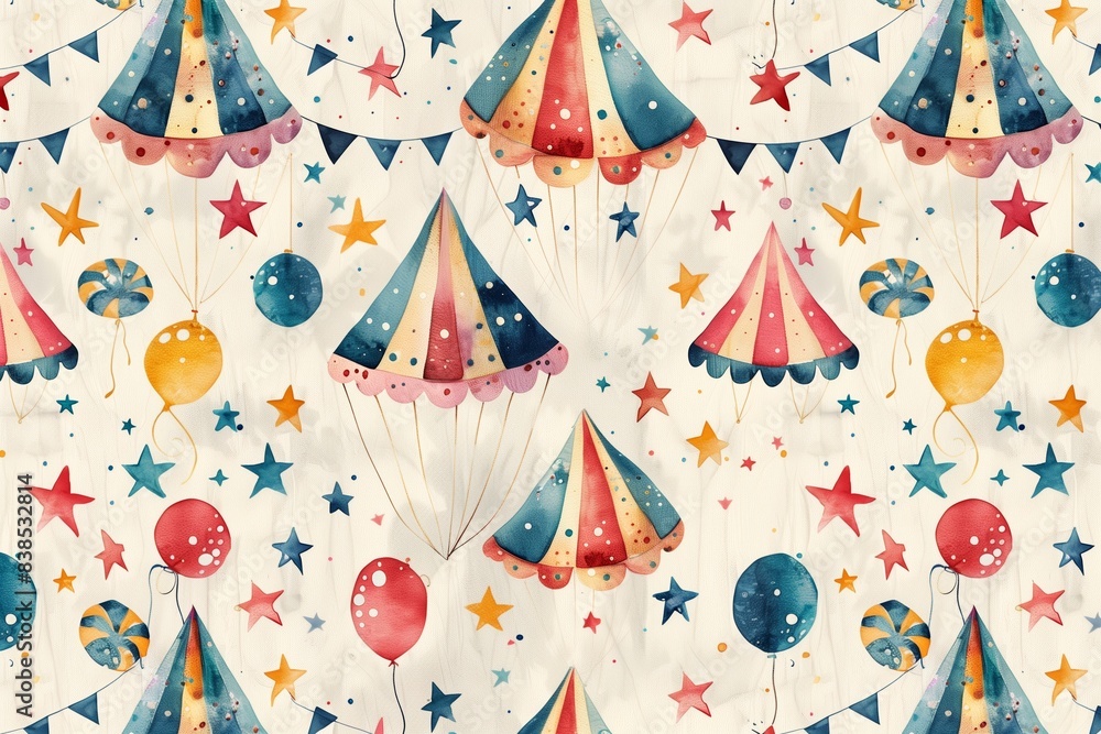 Fototapeta premium Hand-Drawn Vintage Circus Pattern Featuring Watercolor Grunge
