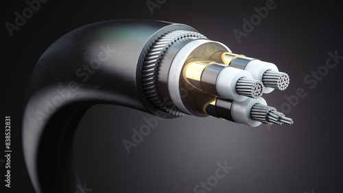 Electric wire cable structure. Armored submarinу aluminium elctric cable on black background,