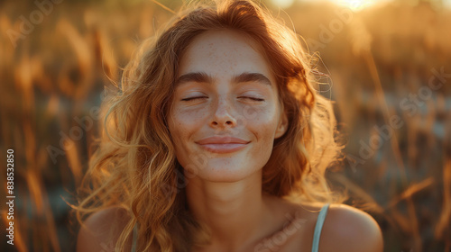 Portraits of a charming red-haired girl with a cute face. Girl posing for the camera in the city center. She has a wonderful mood and a lovely smile.
