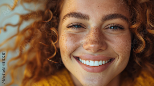 Portraits of a charming red-haired girl with a cute face. Girl posing for the camera in the city center. She has a wonderful mood and a lovely smile.