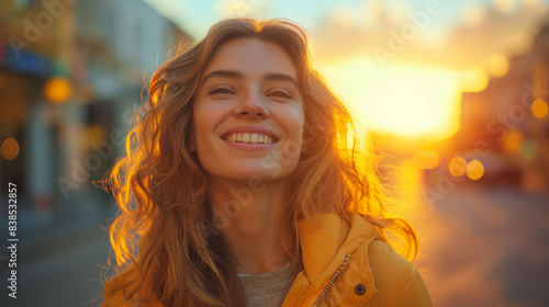 Woman portrait smile happiness catch looks into the camera with a smile with teeth spring flying hair long red, the concept of health and beauty hair sunset