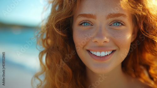Portraits of a charming red-haired girl with a cute face. Girl posing for the camera in the city center. She has a wonderful mood and a lovely smile.