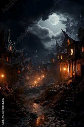 Old town in the fog at night. Halloween concept. 3D Rendering