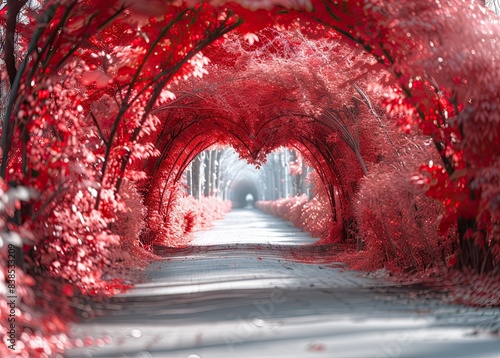 A straight line along which carmi trees grow, forming a heart-shaped arch. photo