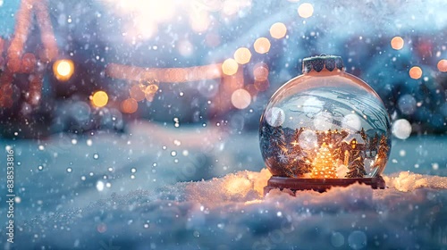 snow globe kept on white table, blurred in white snow with landscape home Christmas, christmas time, winter, snow falling. seamless looping time-lapse virtual 4k video animation