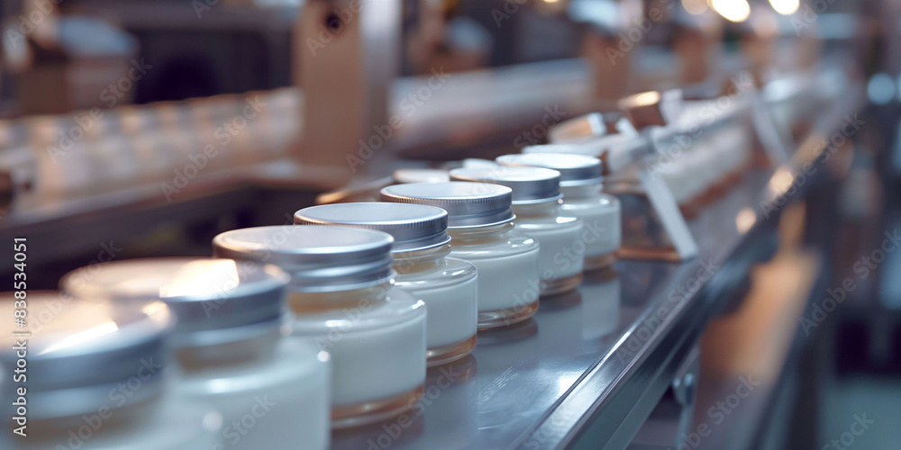 A close up of metal capped white plastic bottles and jars moving along a conveyor belt in a manufacturing facility. ass production and packaging process in the health and beauty industry. Copy space A close up of metal capped white plastic bottles and jars moving along a conveyor belt in a manufacturing facility. ass production and packaging process in the health and beauty industry. Copy space