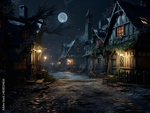 Halloween night scene with full moon and haunted house, 3d illustration © Iman