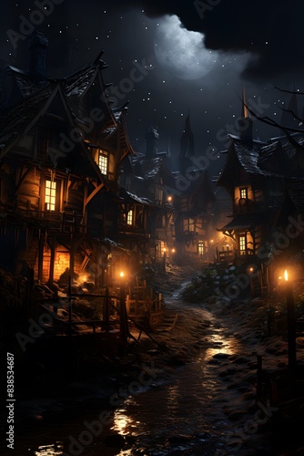 Fairytale haunted house in a foggy winter night. 3d rendering