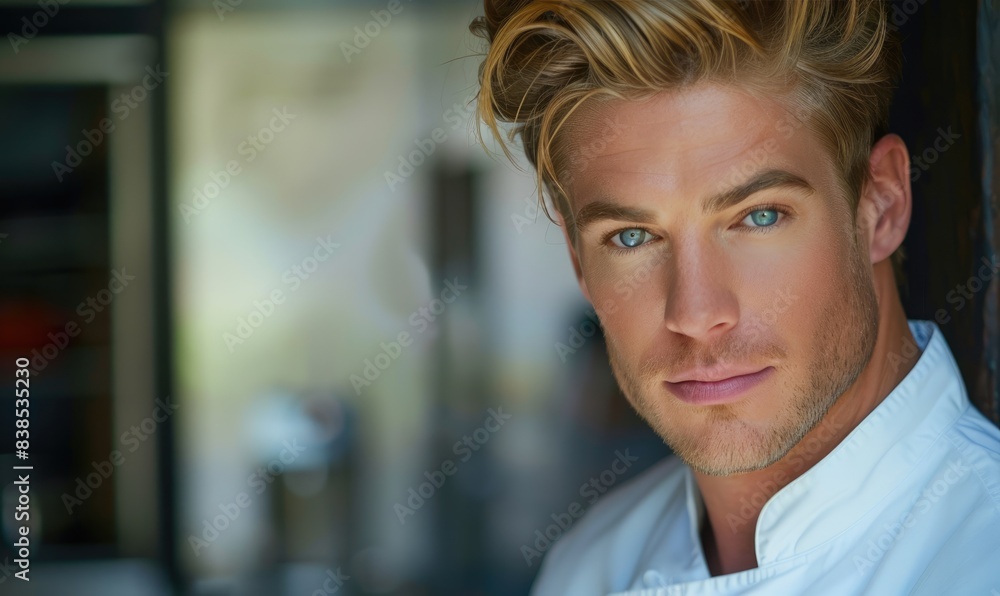 Fototapeta premium An attractive muscular build man opening white chef's jacket