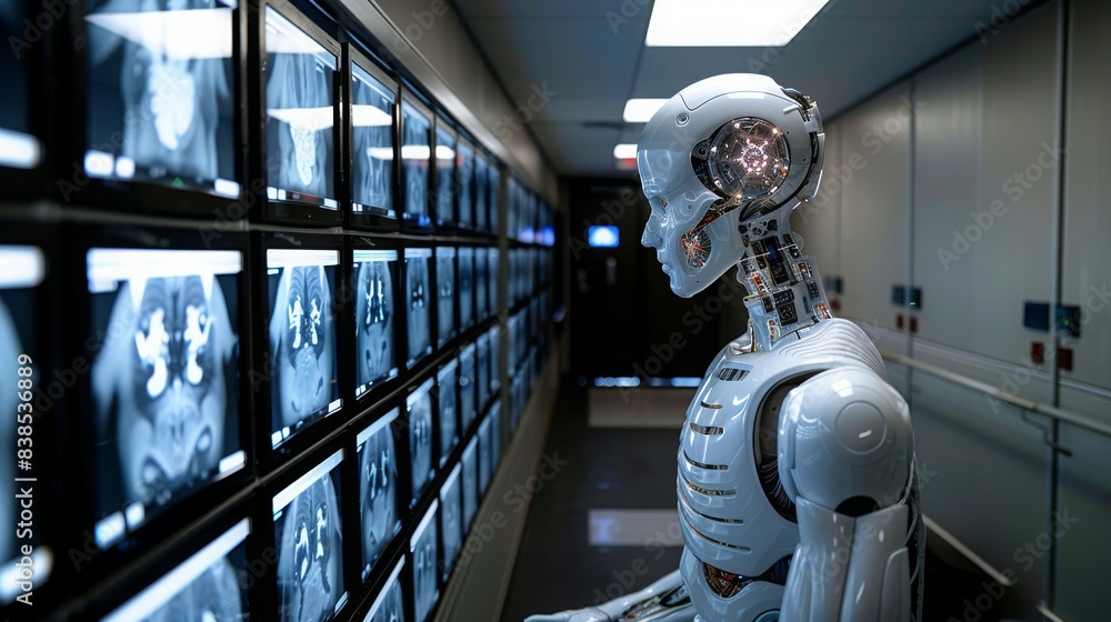A robotic assistant equipped with AI algorithms analyzes a wall of medical images in a modern healthcare facility. A robotic assistant equipped with AI algorithms analyzes a wall of medical images in a modern healthcare facility.