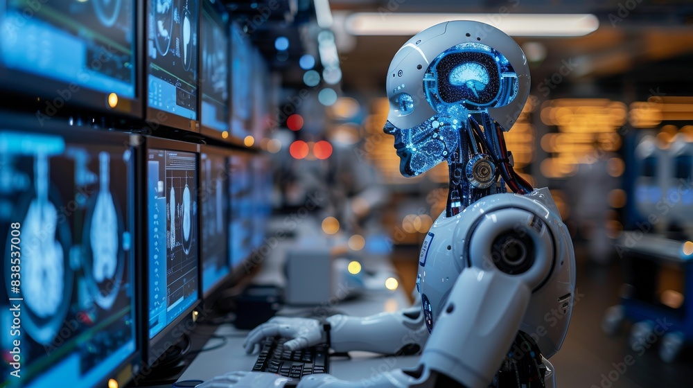 A humanoid robot, equipped with AI algorithms, analyzes medical data displayed on multiple computer screens in a laboratory setting. The robots internal circuitry and brain are visible, highlighting A humanoid robot, equipped with AI algorithms, analyzes medical data displayed on multiple computer screens in a laboratory setting. The robots internal circuitry and brain are visible, highlighting