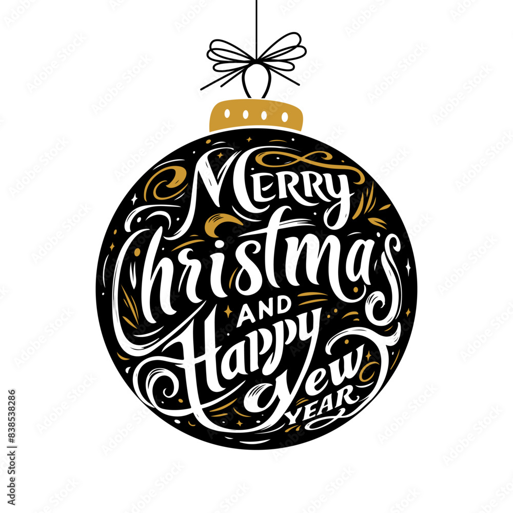 Fototapeta premium Merry Christmas and Happy New Year beautiful inscription with snowflakes. flat vector illustration for print on white background