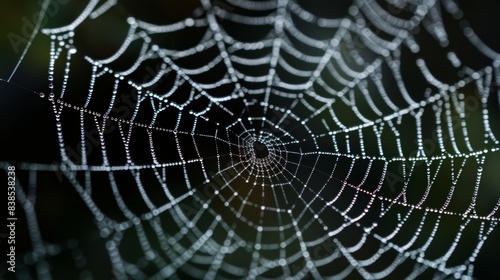 An eerie white spider web is viewed close up against a dark background