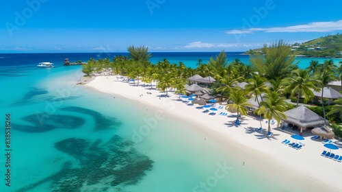 Aerial view of beautiful tropical beach with white sand, turquoise ocean water and blue sky © Iman