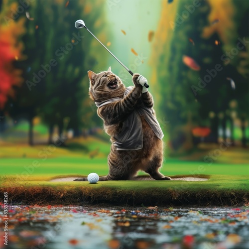 A Cat trying to play golf. photo