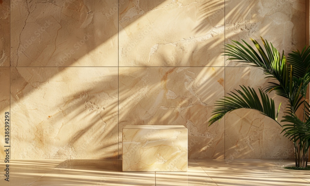 background for product presentation with empty stone podium, leaves and wall of natural travertine stone. The empty space for showcasing beauty products or accessories in an organic and natureinspired background for product presentation with empty stone podium, leaves and wall of natural travertine stone. The empty space for showcasing beauty products or accessories in an organic and natureinspired
