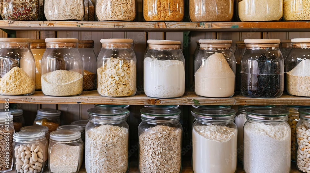 Numerous Glass Jars of Various Baking Ingredients on Shelves Numerous Glass Jars of Various Baking Ingredients on Shelves