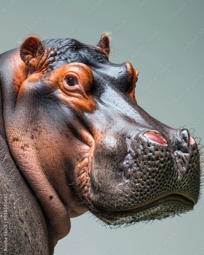 Mystic portrait of Nile Hippopotamus, copy space on right side, Anger, Menacing, Headshot, Close-up View Mystic portrait of Nile Hippopotamus, copy space on right side, Anger, Menacing, Headshot, Close-up View