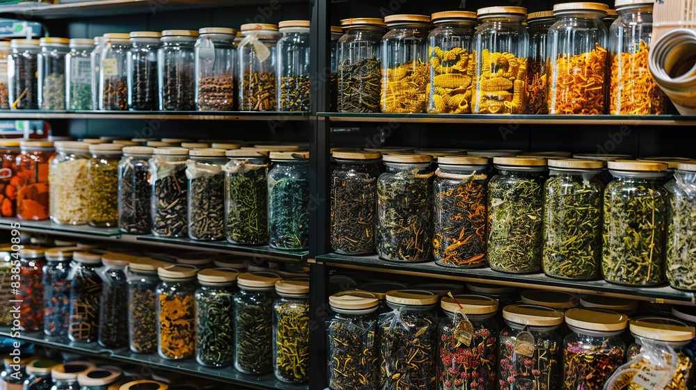 Obraz premium Tea, Dried Herbs and Spices in Glass Jars on Supermarket Shelves