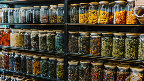 Wallpaper Mural Tea, Dried Herbs and Spices in Glass Jars on Supermarket Shelves Torontodigital.ca