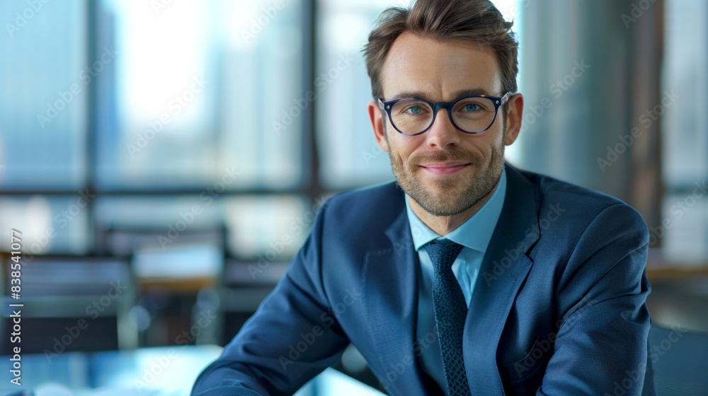 Fototapeta premium Confident Businessman in Blue Suit with Glasses Smiling in Modern Office Setting. Professional portrait depicting the essence of corporate style. Ideal for business, consulting, and marketing use. AI
