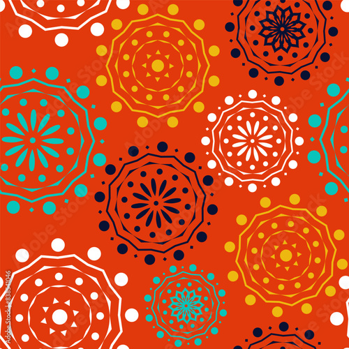 Vector. Perforated geometric patterns Papel Picado pattern. Hispanic Heritage Month. Polygonal seamless pattern for poster, cover, social network; for textiles, wallpaper, packaging, wrapping paper.