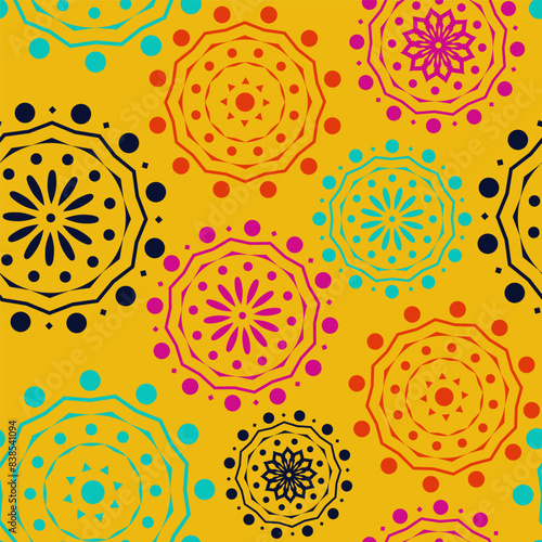 Vector. Perforated geometric patterns Papel Picado pattern. Hispanic Heritage Month. Polygonal seamless pattern for poster, cover, social network; for textiles, wallpaper, packaging, wrapping paper.