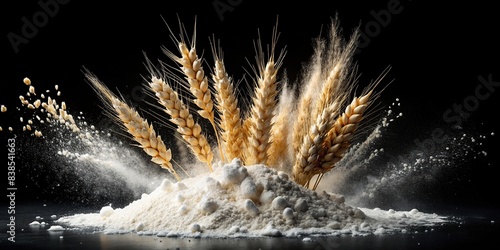 White wheat flour splashing on black background, top view with clipping path, white powder, isolated, black backdrop, close-up, dust, food ingredient, flour, splashing, clouds, culinary photo