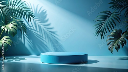 blue podium with tropical leaves and shadow for product presentation on empty background with round podium and minimalism     blue  podium  tropical  leaves  shadow  product presentation
