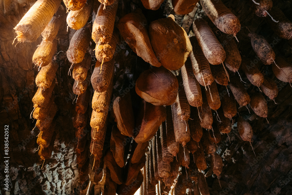 Salami and Prosciutto Hanging from the Ceiling in Kart, Slovenia for an Authentic Culinary Experience Salami and Prosciutto Hanging from the Ceiling in Kart, Slovenia for an Authentic Culinary Experience