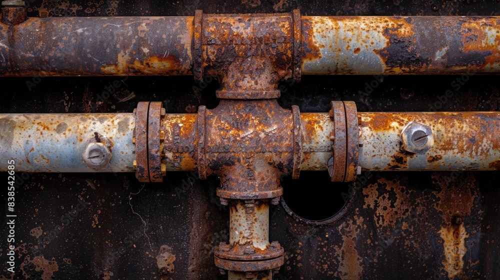 Old Pipes. Aged and Rusty Weathered Pipeline with Grunge Rust and Iron Fittings Old Pipes. Aged and Rusty Weathered Pipeline with Grunge Rust and Iron Fittings