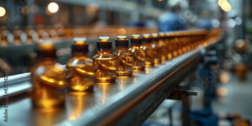 Banner with Row of small brown glass bottles filled with liquid on a conveyor belt and production line. manufacturing process for pharmaceuticals or essential oils. Copy space