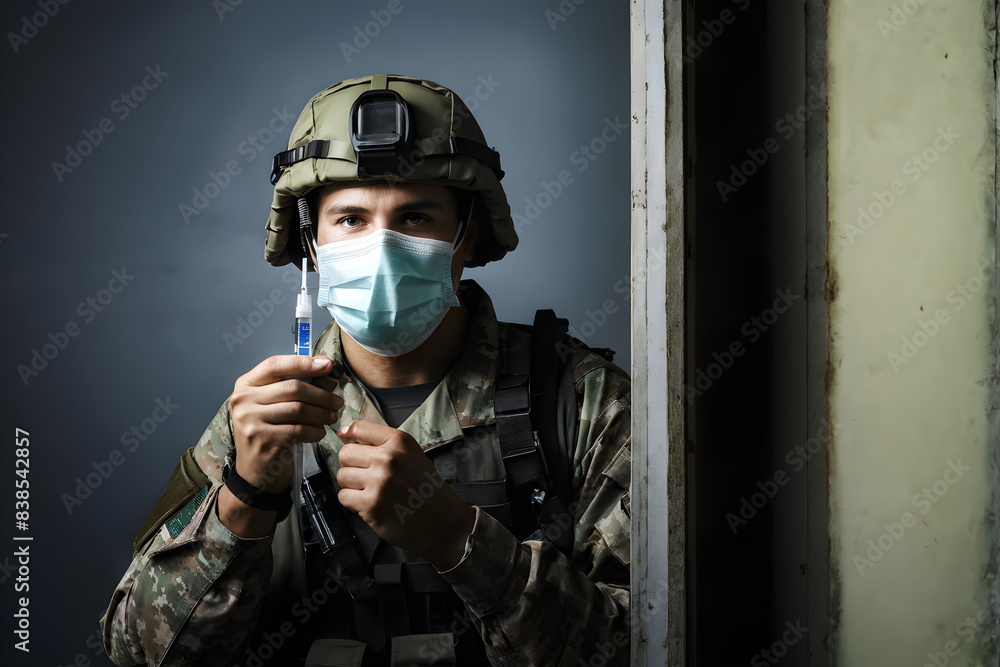 Military Combat Medic Soldier holding First Aid Medicine Vaccine Syringe War Battle Medical Treatment recovery Hero concept Military Combat Medic Soldier holding First Aid Medicine Vaccine Syringe War Battle Medical Treatment recovery Hero concept