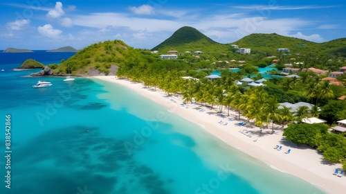 Aerial view of beautiful tropical beach with white sand, turquoise water and blue sky