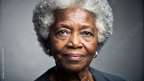 Close-up portrait of a senior old black African American woman with grey hair in a studio setting , African American, senior, old, woman, grey hair, studio, portrait, black, African, American photo