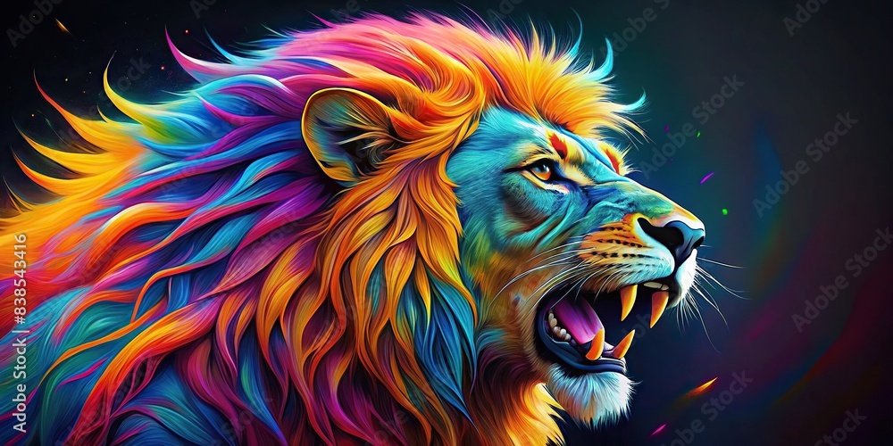 Muscular and colorful lion roaring fiercely , Lion, wild, animal, strength, power, predator, fierce, mane, vibrant, colorful, majestic, safari, wilderness, wildlife, aggressive, big cat