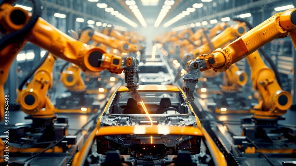 Automated assembly line with yellow robotic arms in a modern car factory. High-tech and futuristic image showcasing the precision engineering and advanced manufacturing techniques.
AI Automated assembly line with yellow robotic arms in a modern car factory. High-tech and futuristic image showcasing the precision engineering and advanced manufacturing techniques.
AI