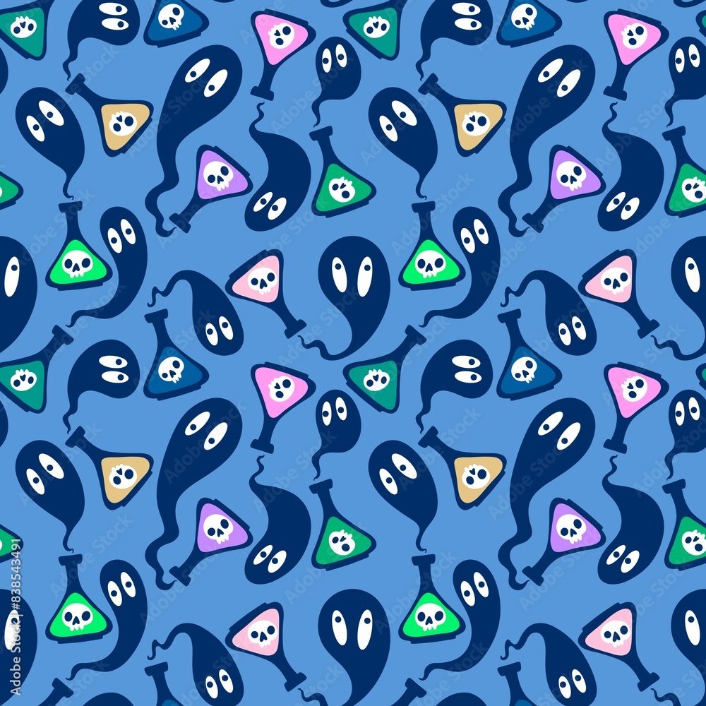 Halloween cartoon seamless poison bottle and ghost pattern for wrapping paper Halloween cartoon seamless poison bottle and ghost pattern for wrapping paper