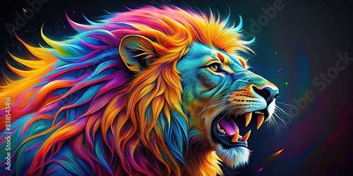 Muscular and colorful lion roaring fiercely   Lion  wild  animal  strength  power  predator  fierce  mane  vibrant  colorful  majestic  safari  wilderness  wildlife  aggressive  big cat