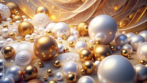 Abstract background with white and golden pearls, beads, and spheres, pearls, beads, texture, elegant, luxury, shiny, round shapes, decoration, jewelry, glamour, design, backdrop, decoration