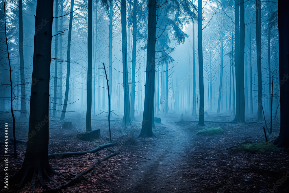 Fototapeta premium A forest with foggy trees and a path
