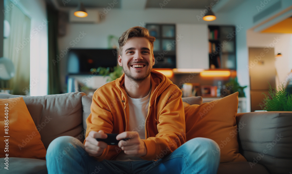 Happy guy playing video games while smiling, copy space, Generative AI. Happy guy playing video games while smiling, copy space, Generative AI.