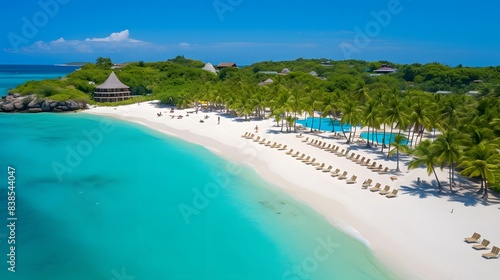 Aerial view of beautiful tropical beach with white sand and turquoise water