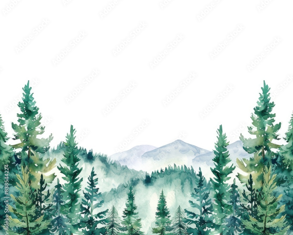 Fototapeta premium Pine Trees Border. Watercolor Botanical Illustration with Woodland Forest Trees in Green Floral Border
