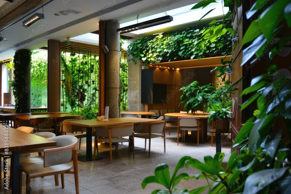 Fototapeta premium Setting A Meeting. Beautiful Dining Arrangement with Wooden Furniture and Greenery Plant