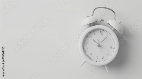 White alarm clock on white background with space, minimal concept of time and morning, clear background. High quality, space,