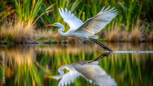 White egret gracefully gliding over still water in natural habitat, egret, bird, wildlife, nature, flight, wings, water, lake, reflection, feathers, beauty, peaceful, serene, wetlands