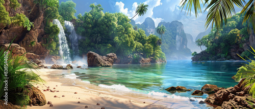 Tourist paradise at wild tropical forest, scene with beautiful beach, green mountains and blue water in jungle. Theme of wallpaper, wilderness, landscape, travel, nature © Natalya