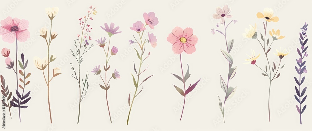 Set of wildflowers hand drawn vector illustration isolated on a white background, in pastel colors Set of wildflowers hand drawn vector illustration isolated on a white background, in pastel colors