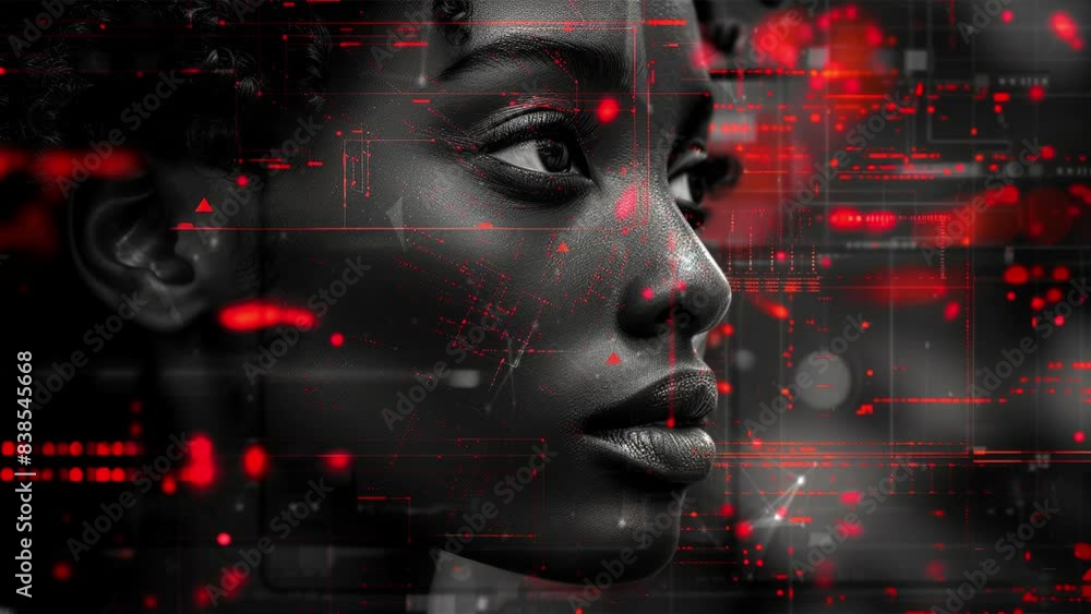 Black woman cyber security expert. With AI code illusminated overlay ...